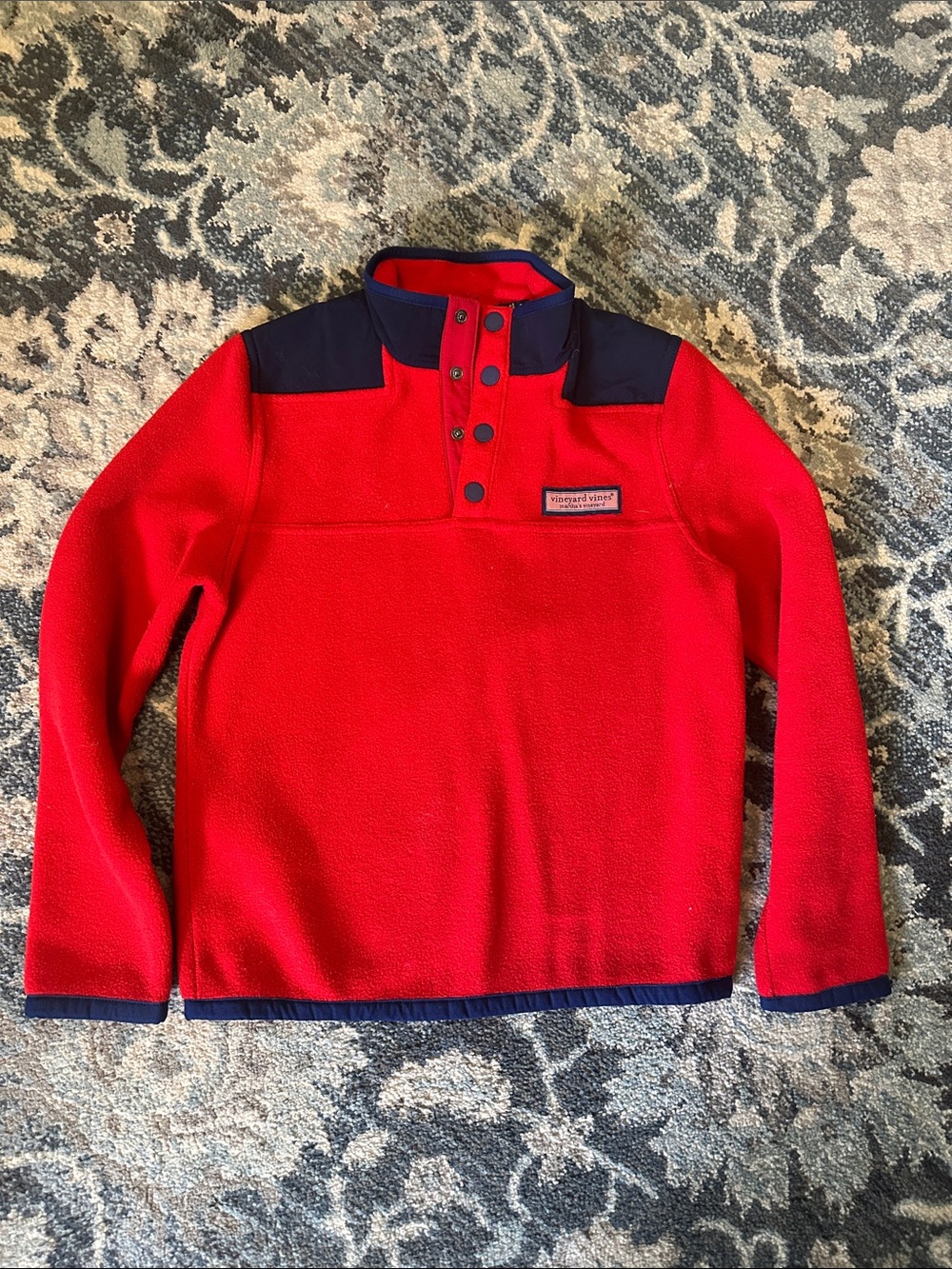 Vineyard Vines Red Fleece Snap-Front Pullover with Navy Trim